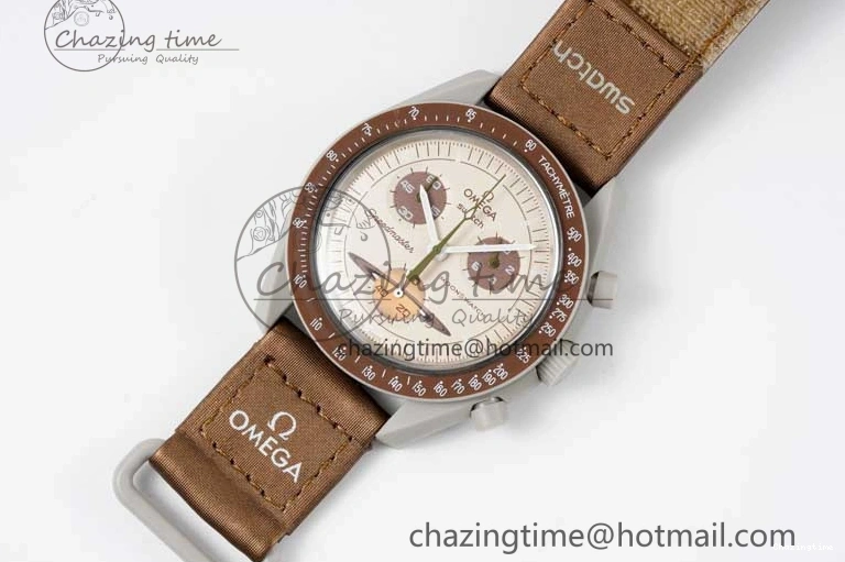 0427 Speedmaster Misson To Saturn 1:1 Best Edition Beige Dial On Nylon Strap Quartz Casual 7861